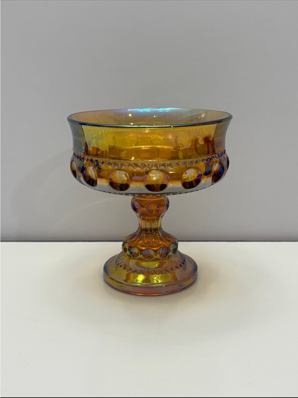 Vintage Indiana Glass kings crown marigold carnival glass compote candy dish